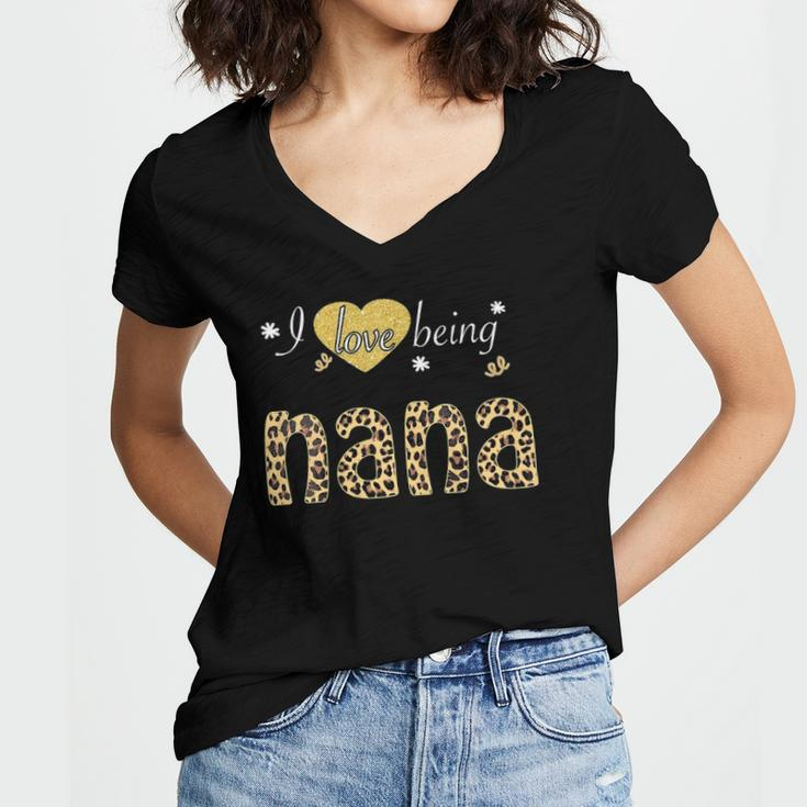 Womens I Love Being Nana Leopard Plaid Tee Gift Women's Jersey Short Sleeve Deep V-Neck Tshirt