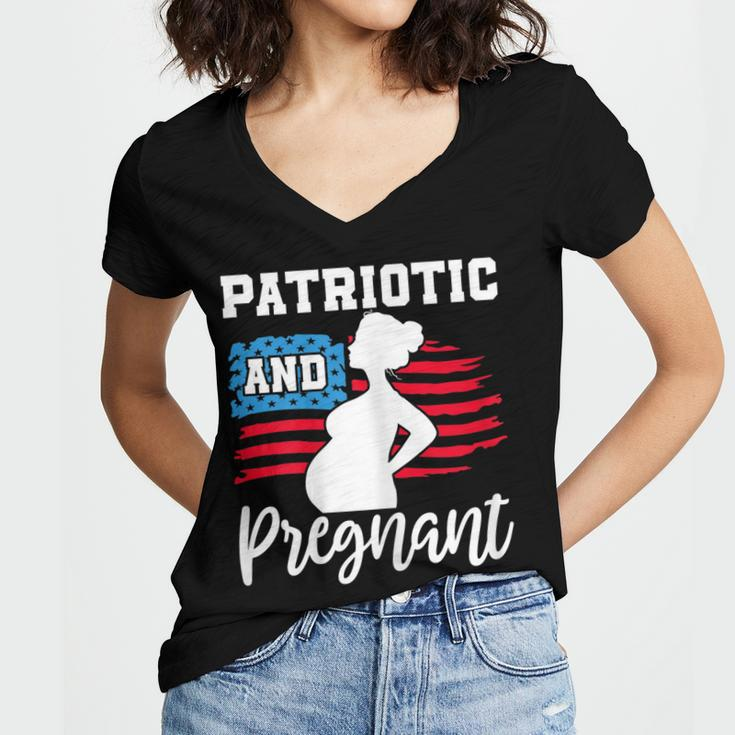 Womens Patriotic And Pregnant Baby Reveal 4Th Of July Pregnancy Women's Jersey Short Sleeve Deep V-Neck Tshirt