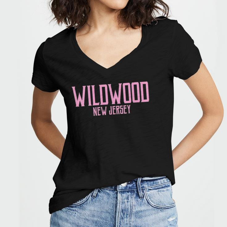 Womens Wildwood New Jersey Nj Vintage Text Pink Print Women's Jersey Short Sleeve Deep V-Neck Tshirt