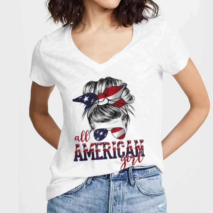 All American Girl Messy Hair Bun Woman Patriotic 4Th Of July Women's Jersey Short Sleeve Deep V-Neck Tshirt