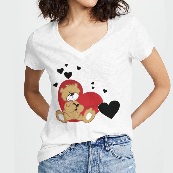 Cartoon Animal Happy Loving Teddy Bear Women's Jersey Short Sleeve Deep V-Neck Tshirt