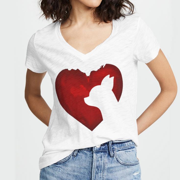 Chihuahua Shape With Red Heart Painting For Valentine Day Women's Jersey Short Sleeve Deep V-Neck Tshirt