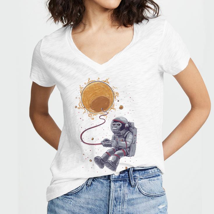 Funny Astronaut Monkey Blowing Sun V2 Women's Jersey Short Sleeve Deep V-Neck Tshirt