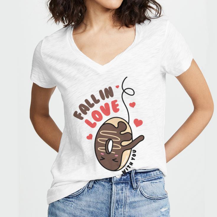 Funny Donut Fall In Love Women's Jersey Short Sleeve Deep V-Neck Tshirt