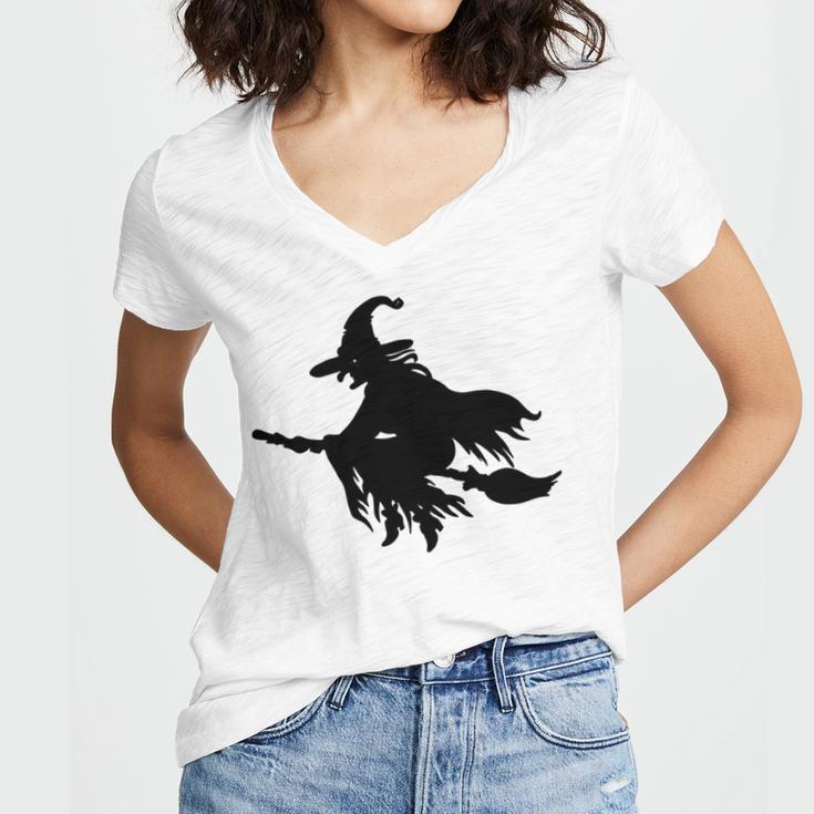 Halloween Scary Old Witch On Broom Art Design Pattern Women's Jersey Short Sleeve Deep V-Neck Tshirt