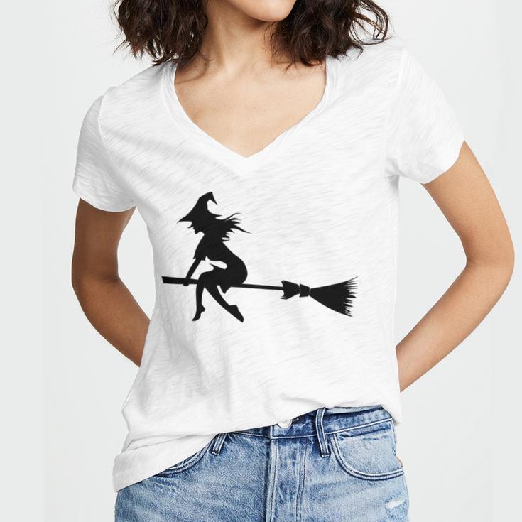 Halloween Young Scary Witch On Broom Pattern Women's Jersey Short Sleeve Deep V-Neck Tshirt