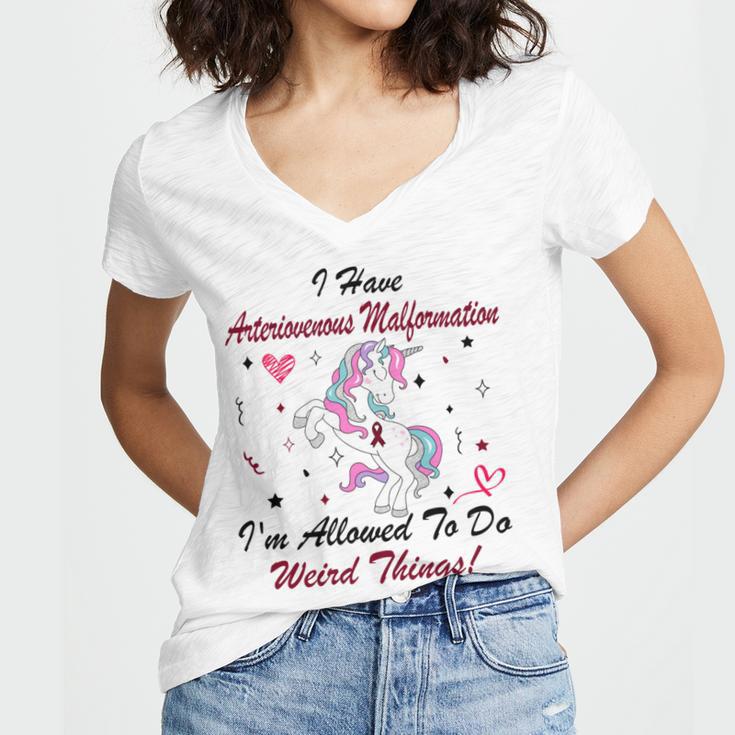 I Have Arteriovenous Malformation Im Allowed To Do Weird Things Funny Unicorn Burgundy Ribbon Arteriovenous Malformation Support Arteriovenous Malformation Awareness Women's Jersey Short Sleeve Deep V-Neck Tshirt