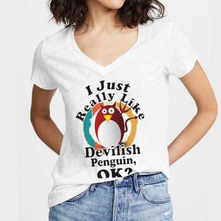 I Really Like Devilish Penguin Ok Women's Jersey Short Sleeve Deep V-Neck Tshirt