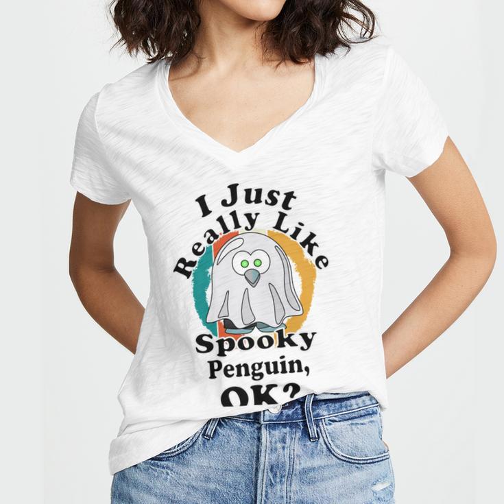 I Really Like Spooky Penguin Ok Women's Jersey Short Sleeve Deep V-Neck Tshirt