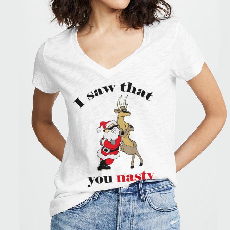 I Saw That You Nasty Red Santa Women's Jersey Short Sleeve Deep V-Neck Tshirt