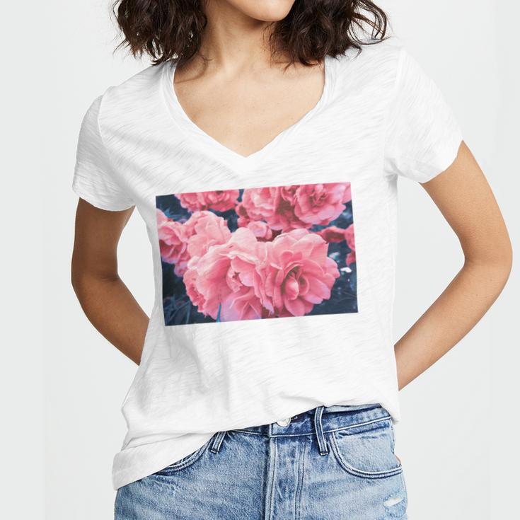 Pink Roses In Garden Women's Jersey Short Sleeve Deep V-Neck Tshirt