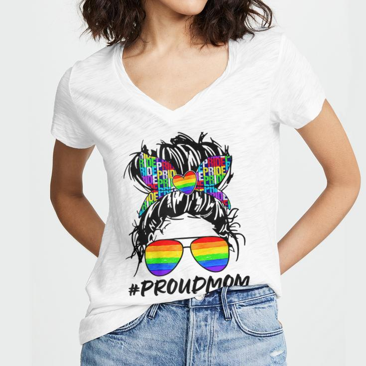 Proud Mom Lgbt Gay Pride Messy Bun Rainbow Lgbtq Women's Jersey Short Sleeve Deep V-Neck Tshirt