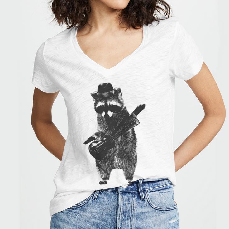 Raccoon Wielding Ukulele Women's Jersey Short Sleeve Deep V-Neck Tshirt