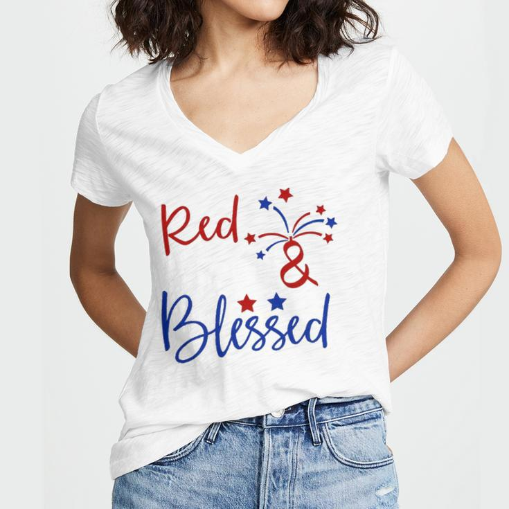 Red White Blessed 4Th Of July Cute Patriotic America Women's Jersey Short Sleeve Deep V-Neck Tshirt