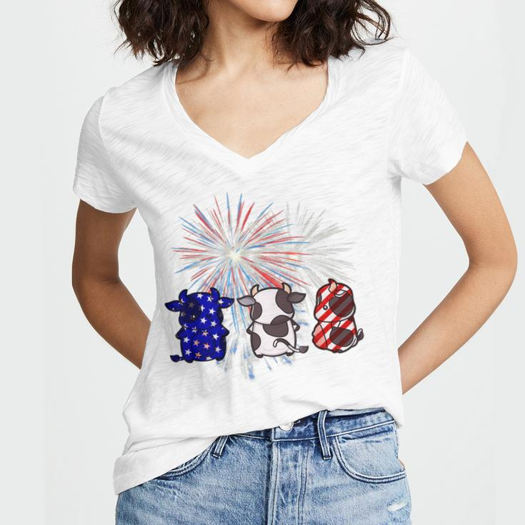 Red White Blue Cow Fireworks Patriotic 4Th Of July Women's Jersey Short Sleeve Deep V-Neck Tshirt