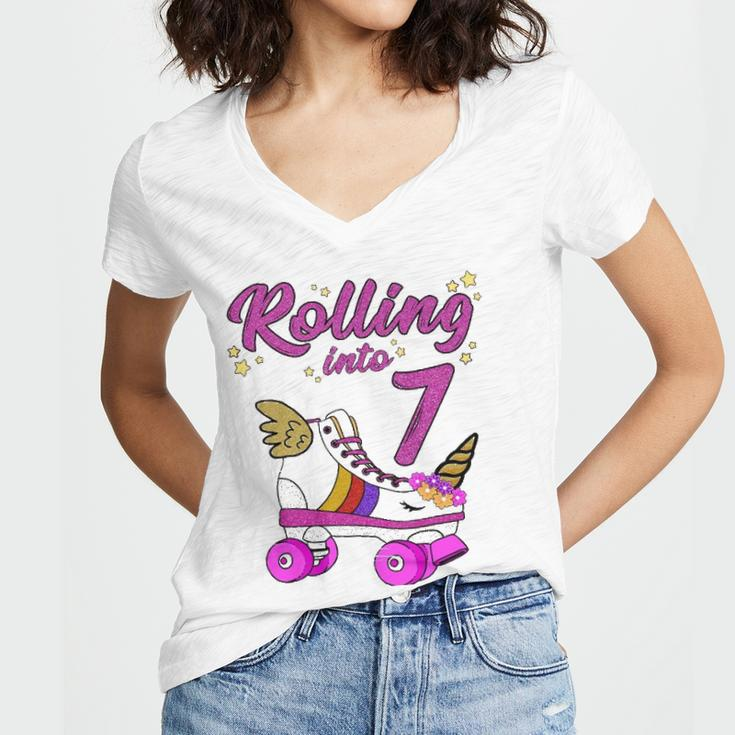 Rolling Into 7Th Birthday Unicorn Roller Skate Party Women's Jersey Short Sleeve Deep V-Neck Tshirt