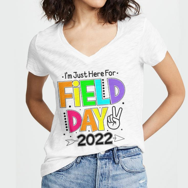 School Field Day Teacher Im Just Here For Field Day 2022 Peace Sign Women's Jersey Short Sleeve Deep V-Neck Tshirt