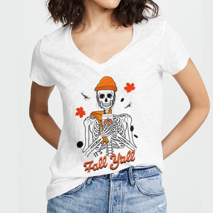 Skeleton It’S Fall Y’All Thanksgiving Funny Autumn Halloween Women's Jersey Short Sleeve Deep V-Neck Tshirt