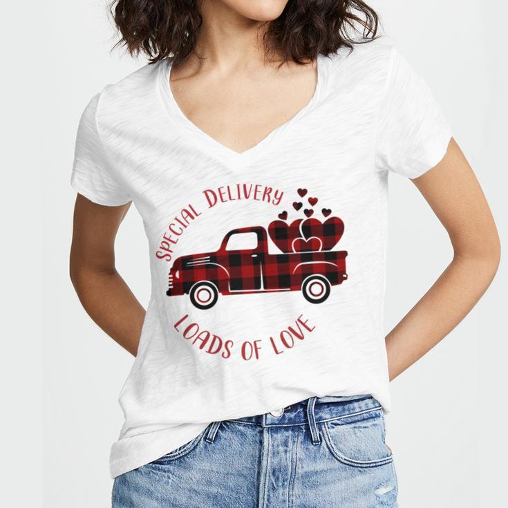 Special Delivery Valentines Car Red Plaid Women's Jersey Short Sleeve Deep V-Neck Tshirt