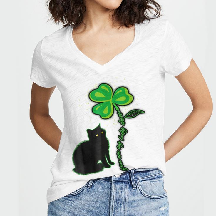 St Patricks Day Black Cat My Lucky Charm Women's Jersey Short Sleeve Deep V-Neck Tshirt