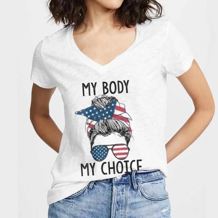 Womens My Body My Choice Pro Choice Messy Bun Us Flag Feminist Women's Jersey Short Sleeve Deep V-Neck Tshirt