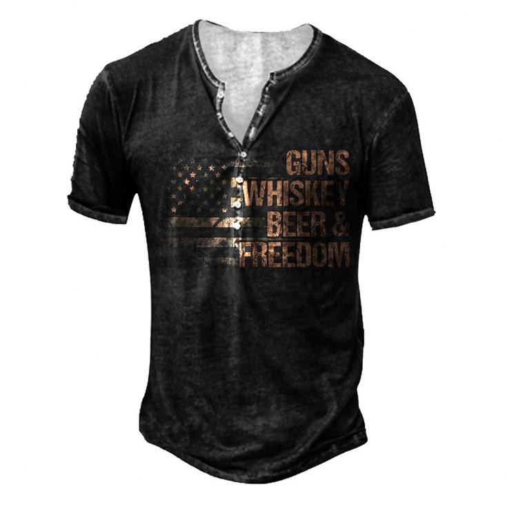 Guns Whiskey Beer And Freedom Veteran Patriot American Flag  Men's Henley Button-Down 3D Print T-shirt