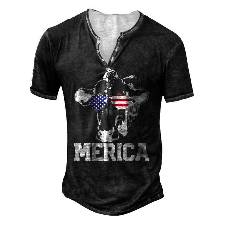 4Th Of July 4Th Cow American Flag Usa Men Women Retro Merica Men's Henley T-Shirt