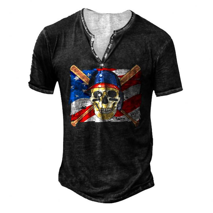 Baseball Skull 4Th Of July American Player Usa Flag Men's Henley T-Shirt