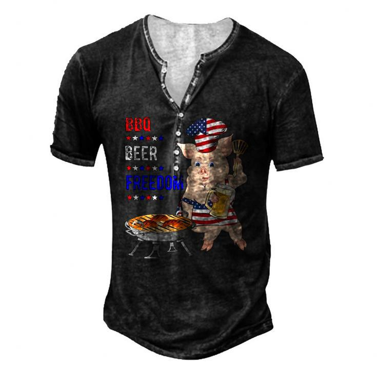 Bbq Beer Freedom Pig American Flag Men's Henley T-Shirt