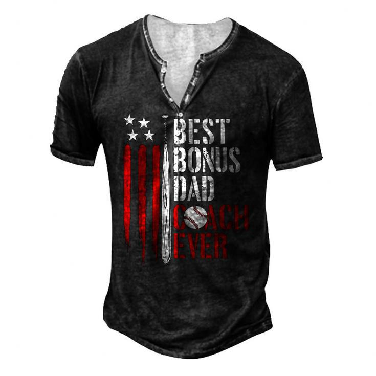 Mens Best Bonus Dad Coach Ever Proud Baseball Daddy American Flag Men's Henley T-Shirt