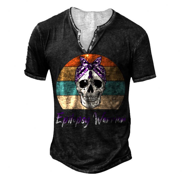 Epilepsy Warrior  Skull Women Vintage  Purple Ribbon  Epilepsy  Epilepsy Awareness V2 Men's Henley Button-Down 3D Print T-shirt