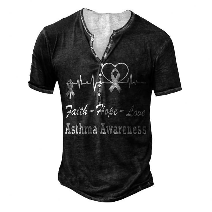 Faith Hope Love Asthma Awareness Heartbeat Christian Cross  Grey Ribbon  Asthma  Asthma Awareness Men's Henley Button-Down 3D Print T-shirt