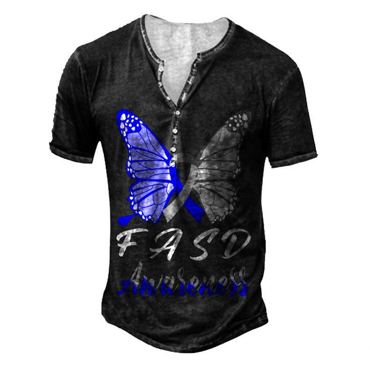 Fasd Awareness Butterfly  Blue And Grey Ribbon  Fetal Alcohol Spectrum Disorder  Fetal Alcohol Spectrum Disorder Awareness Men's Henley Button-Down 3D Print T-shirt