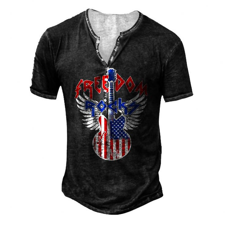 Freedom Rocks 4Th Of July Patriotic Usa Flag Rock Guitar Men's Henley T-Shirt