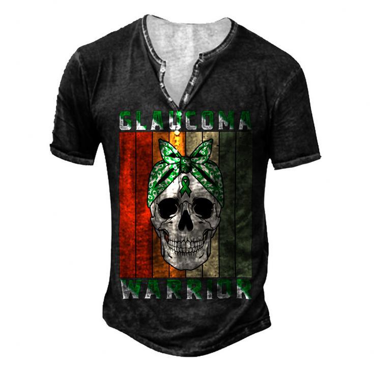 Glaucoma Warrior  Skull Women Vintage  Green Ribbon  Glaucoma  Glaucoma Awareness Men's Henley Button-Down 3D Print T-shirt