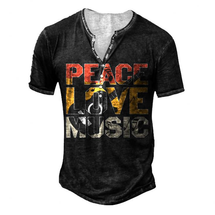 Guitar Retro Peace Love Music Band Guitarist Men's Henley T-Shirt