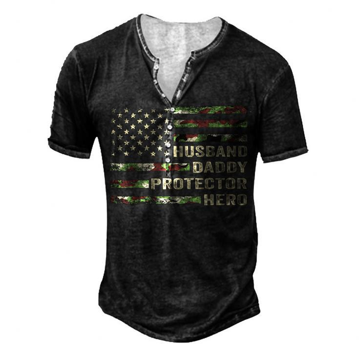 Mens Husband Daddy Protector Hero Fathers Day Flag Men's Henley T-Shirt