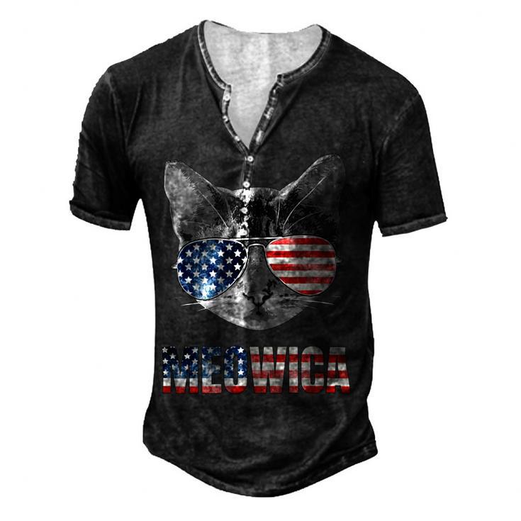 Meowica Funny Cat Patriotic Usa Shirt American Flag  544 Trending Shirt Men's Henley Button-Down 3D Print T-shirt