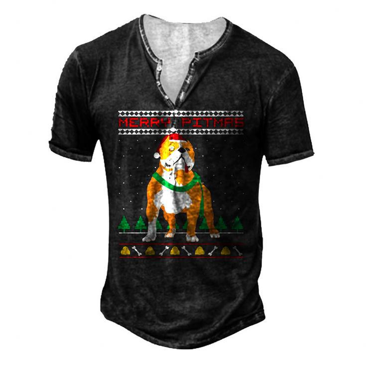 Merry Pitmas Pitbull Santa Claus Dog Ugly Christmas Men's Henley T-Shirt