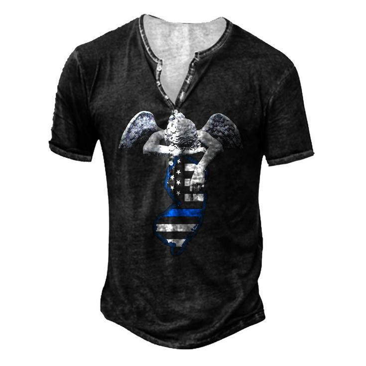 New Jersey Thin Blue Line Flag And Angel For Law Enforcement Men's Henley T-Shirt