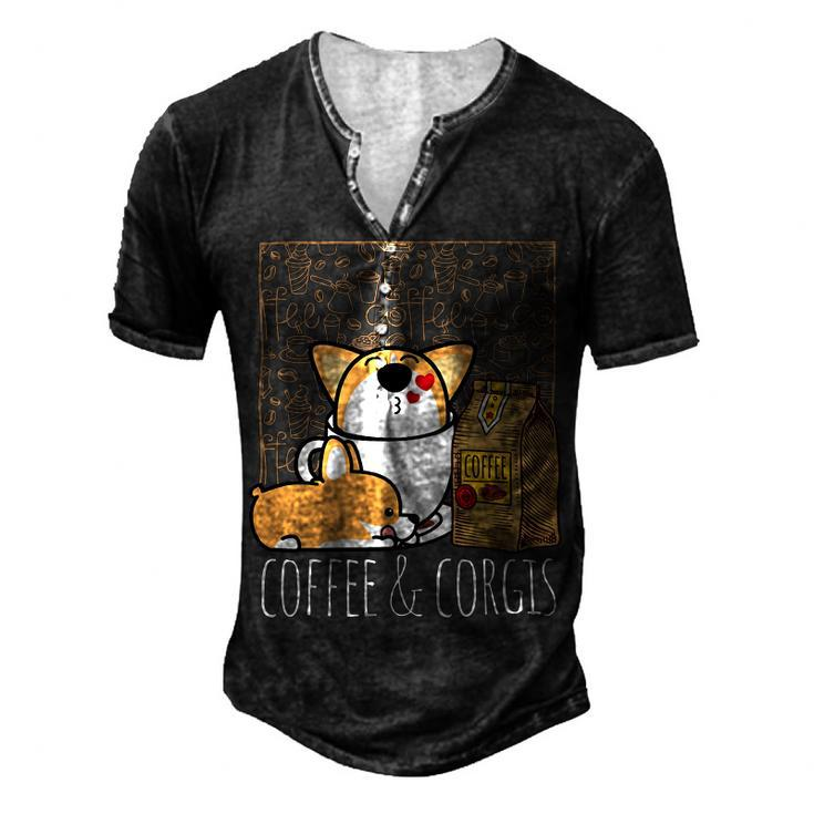 Pembroke Welsh Corgi Dog Coffee Lover Caffeine Corgi Mom Dad V4 Men's Henley Button-Down 3D Print T-shirt