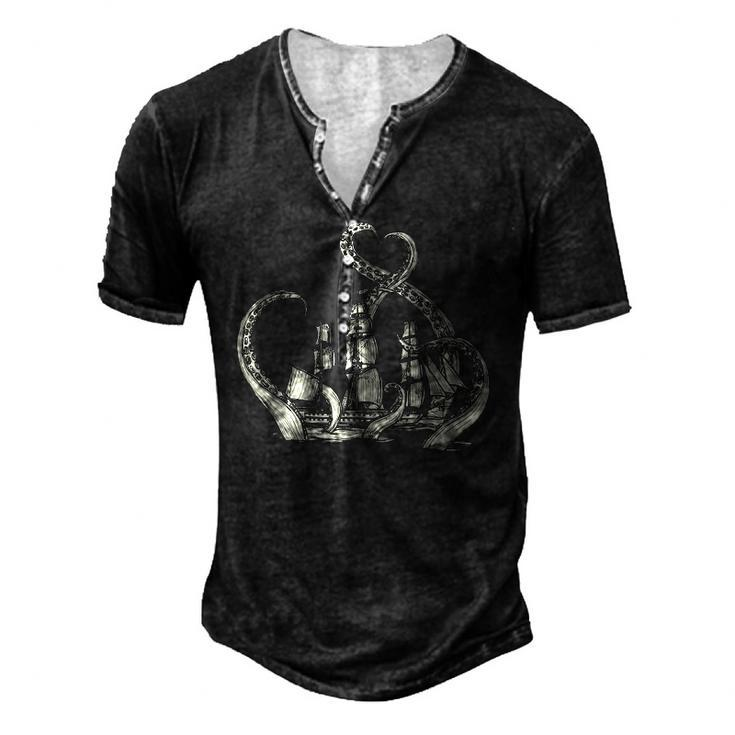 Pirate Ship Octopus Buccaneer Freebooter Crossed Bones Skull Men's Henley T-Shirt