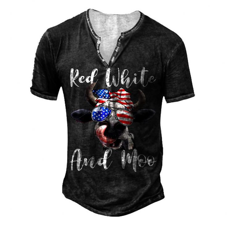 Red White And Moo Cow Messy Bun Usa Flag 4Th Of July Men's Henley T-Shirt