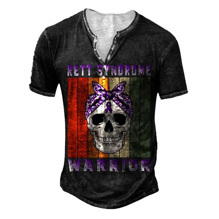 Rett Syndrome Warrior  Skull Women Vintage  Purple Ribbon  Rett Syndrome  Rett Syndrome Awareness Men's Henley Button-Down 3D Print T-shirt