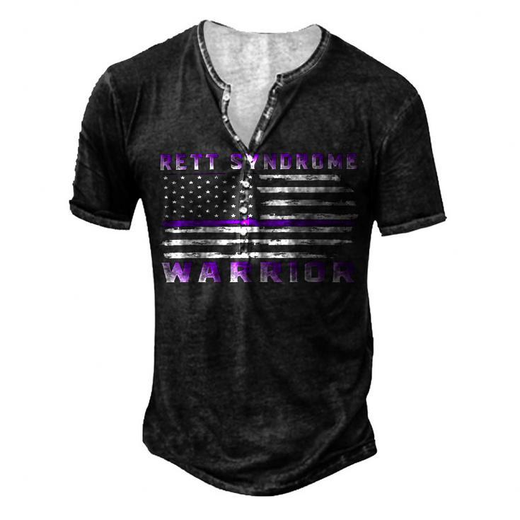 Rett Syndrome Warrior Usa Flag  United States Flag  Purple Ribbon  Rett Syndrome  Rett Syndrome Awareness Men's Henley Button-Down 3D Print T-shirt