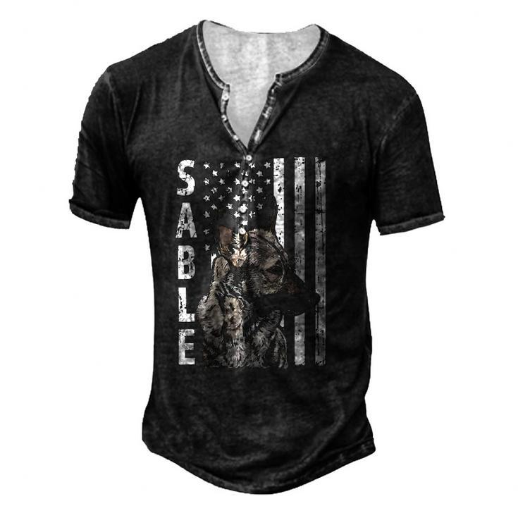 Sable German Shepherd Dog American Flag Patriotic Men's Henley T-Shirt