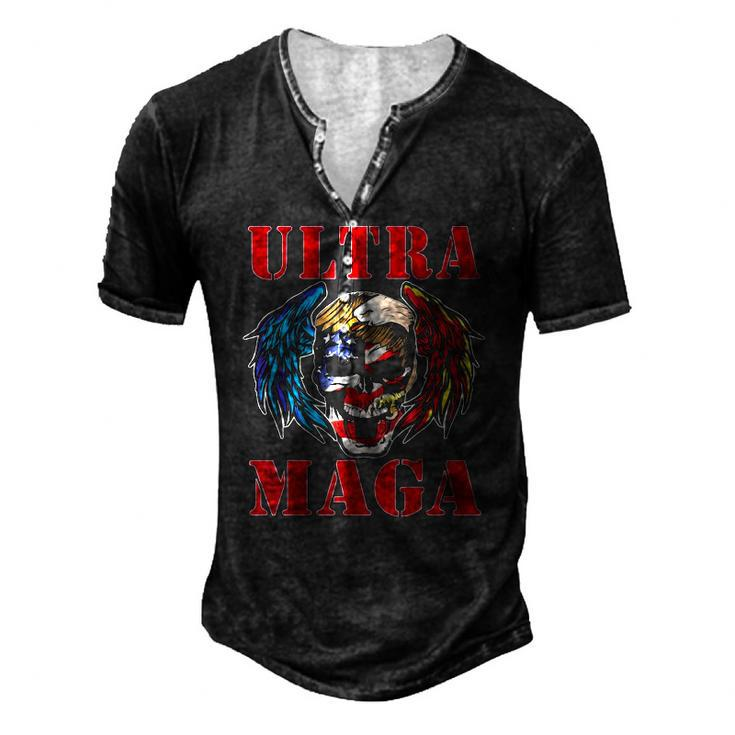 Ultra Maga Anti Joe Biden American Flag Skull Bald Eagle Men's Henley T-Shirt