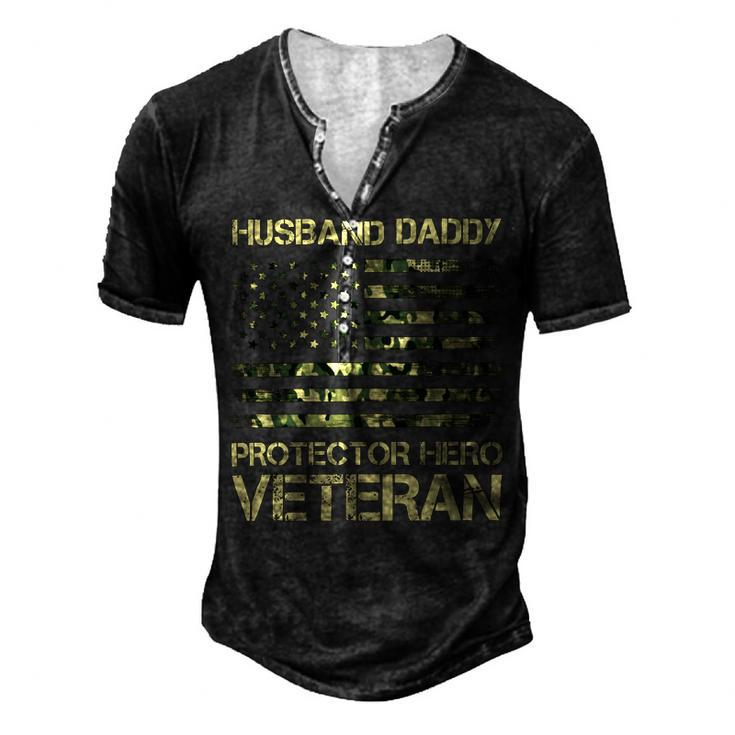 Veteran Husband Daddy Protector Hero Veteran American Flag Vintage Dad 2 Navy Soldier Army Military Men's Henley Button-Down 3D Print T-shirt