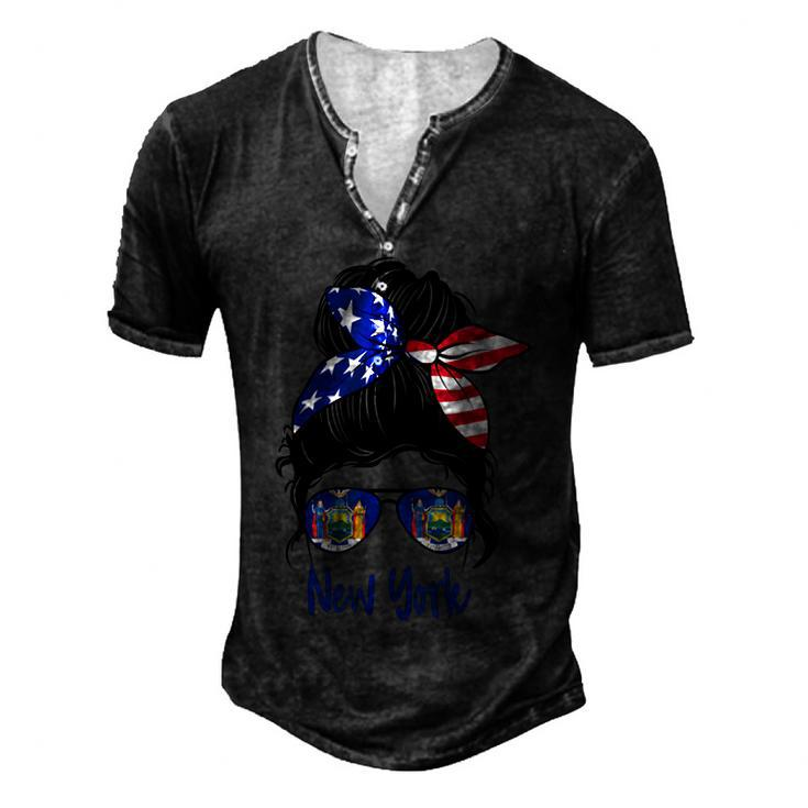 New York Girl New York Flag State Girlfriend Messy Bun  Men's Henley Button-Down 3D Print T-shirt