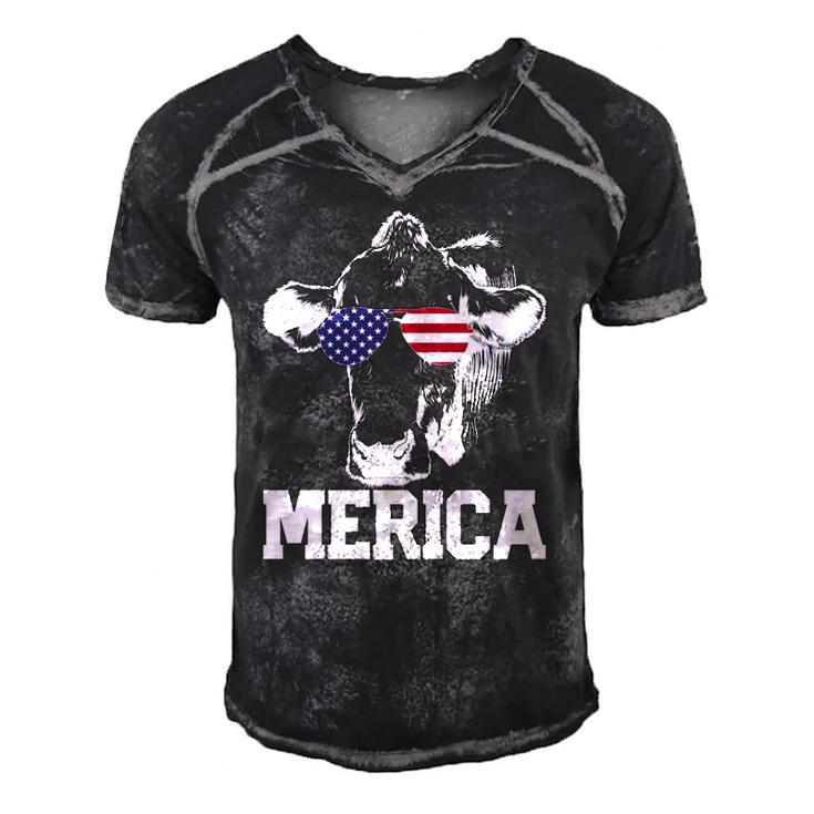 4Th Of July 4Th Cow American Flag Usa Men Women Retro Merica Men's Short Sleeve V-neck 3D Print Retro Tshirt